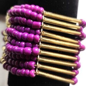 Beaded Bracelet multistrand Purple Gold tone Elastic Stretch Womens jewelry